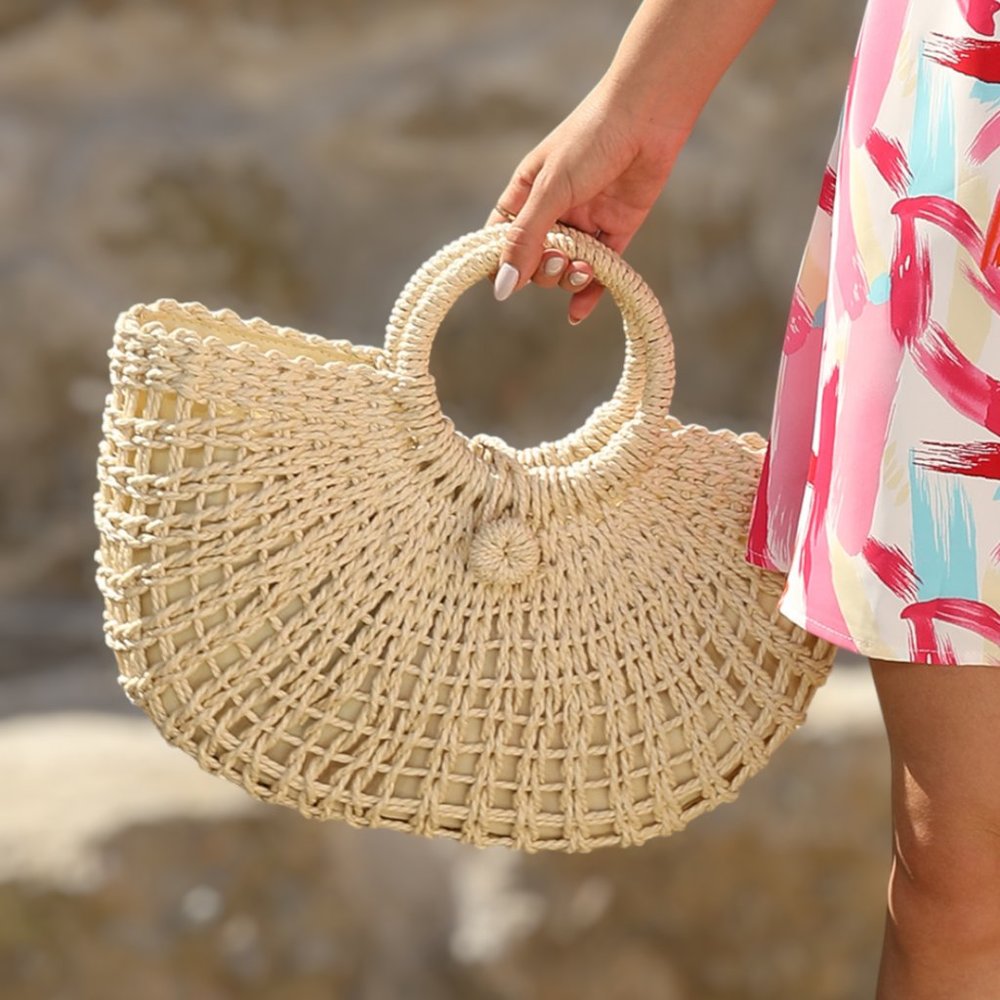 NEW Beige Bamboo Woven Semicircle Tote Handbag